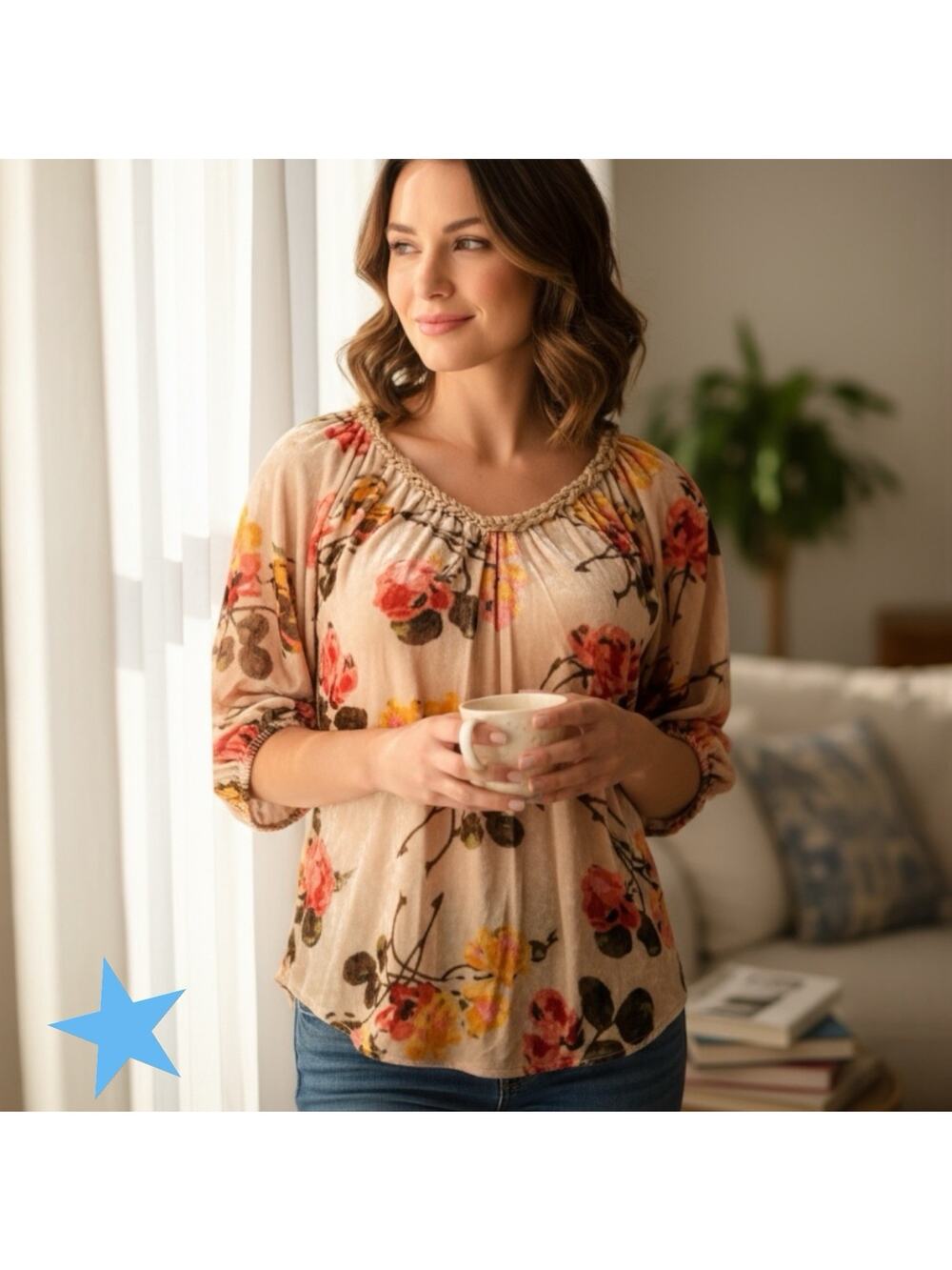 Sundance Womens Top XL 14 Tan Orange Fall Floral Silk Velvet Boho Short Sleeve